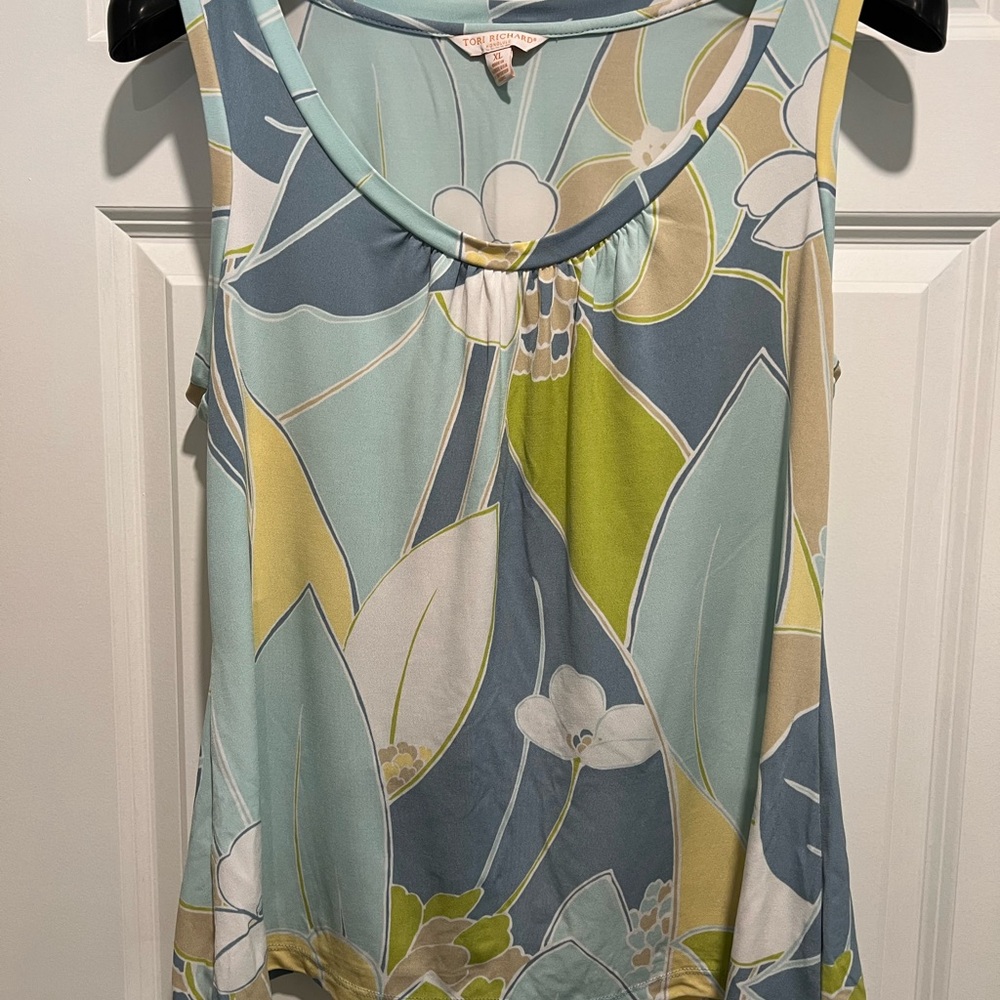 Tori Richard Floral Scoop Neck Tank - Light Blue, Sage & Yellow
